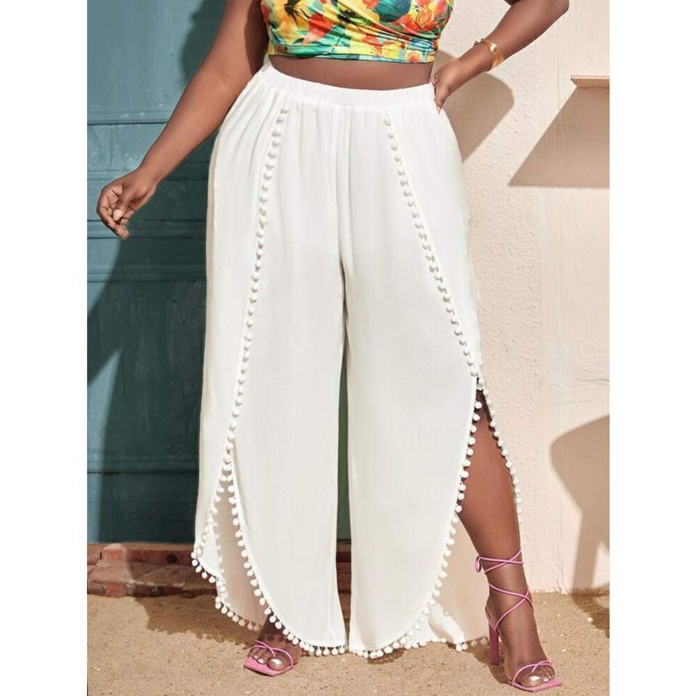 Solitaire Swim White Pom Pom Split Leg Pants Sz L